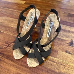 Manolo Blahnik Perpia Strappy Stretch Brown and Cork Sandals 3.5" Heel Size 38